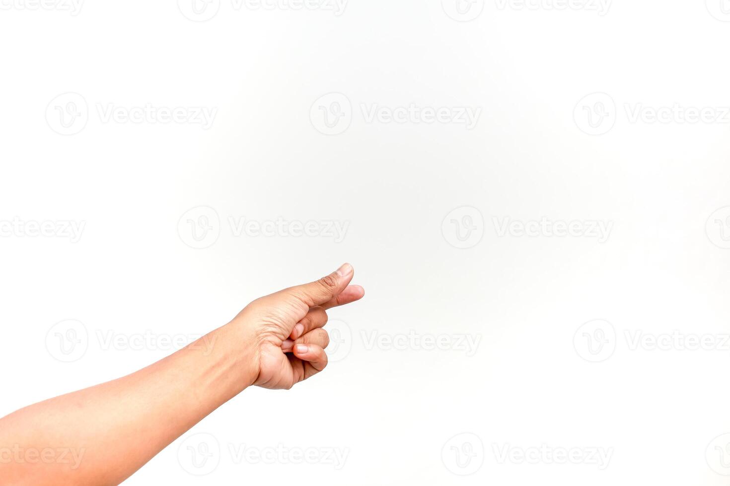 Hand gesture of pinching or holding something small, isolated on white background, close up view photo