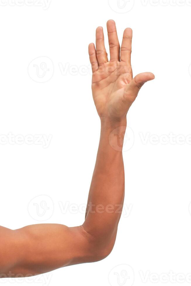 A Human Hand Displaying Vulcan Salute Isolated on White Background, Close Up photo