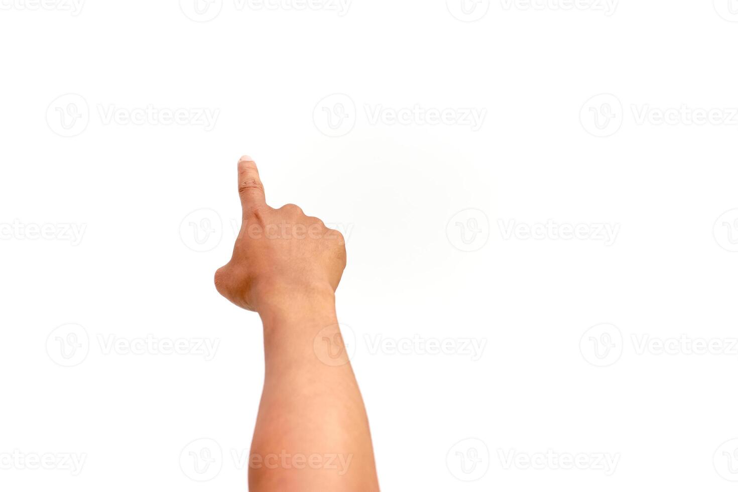 Hand pointing upwards, isolated on white background, symbolizing direction and intent, suggesting an upward trajectory or choosing a specific element photo