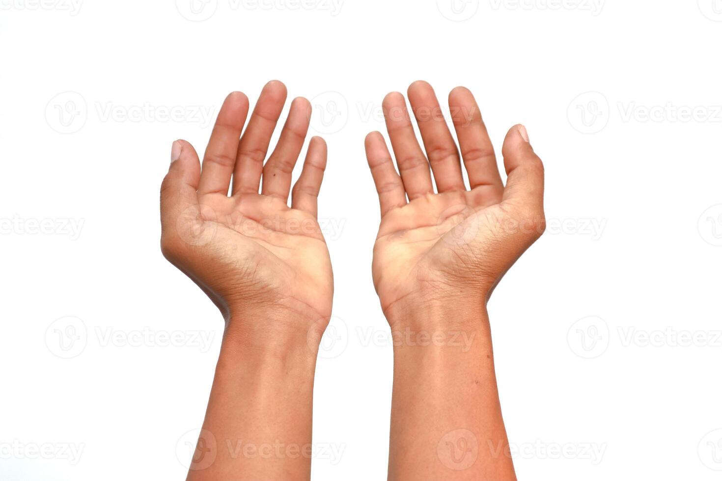 Two Hands in a Gesture of Hope, Prayer, or Supplication on White photo