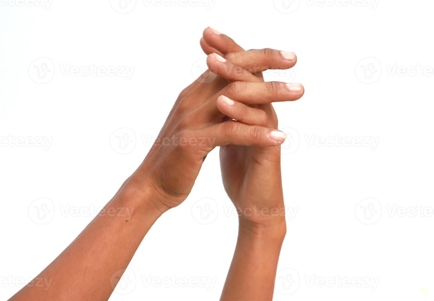 Intertwined Hands Expressing Unity and Connection on a Clean White Background photo