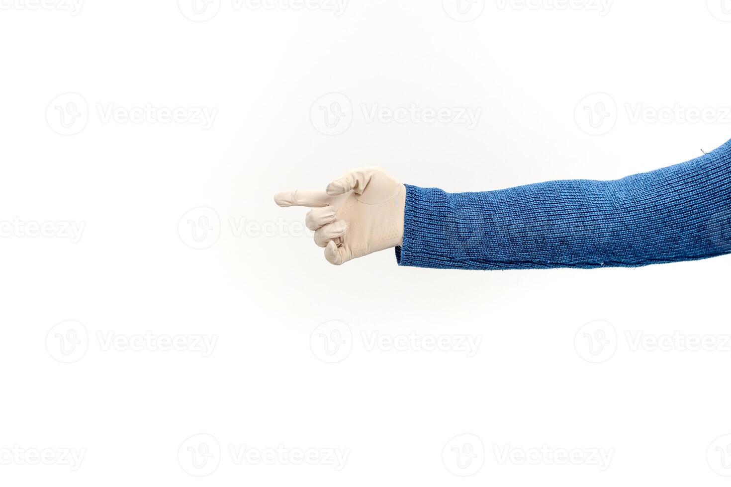 Hand in a surgical glove pointing left, medical professional concept for healthcare and guidance, isolated on white background photo