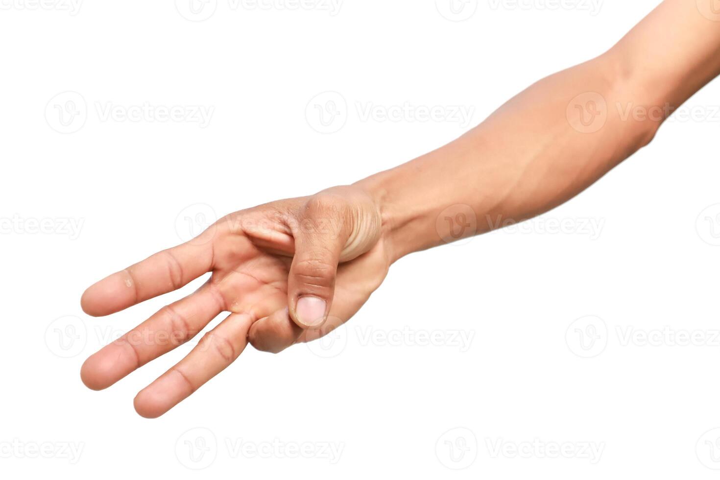 Isolated male hand gesturing number three with fingers outstretched on white background, studio shot photo