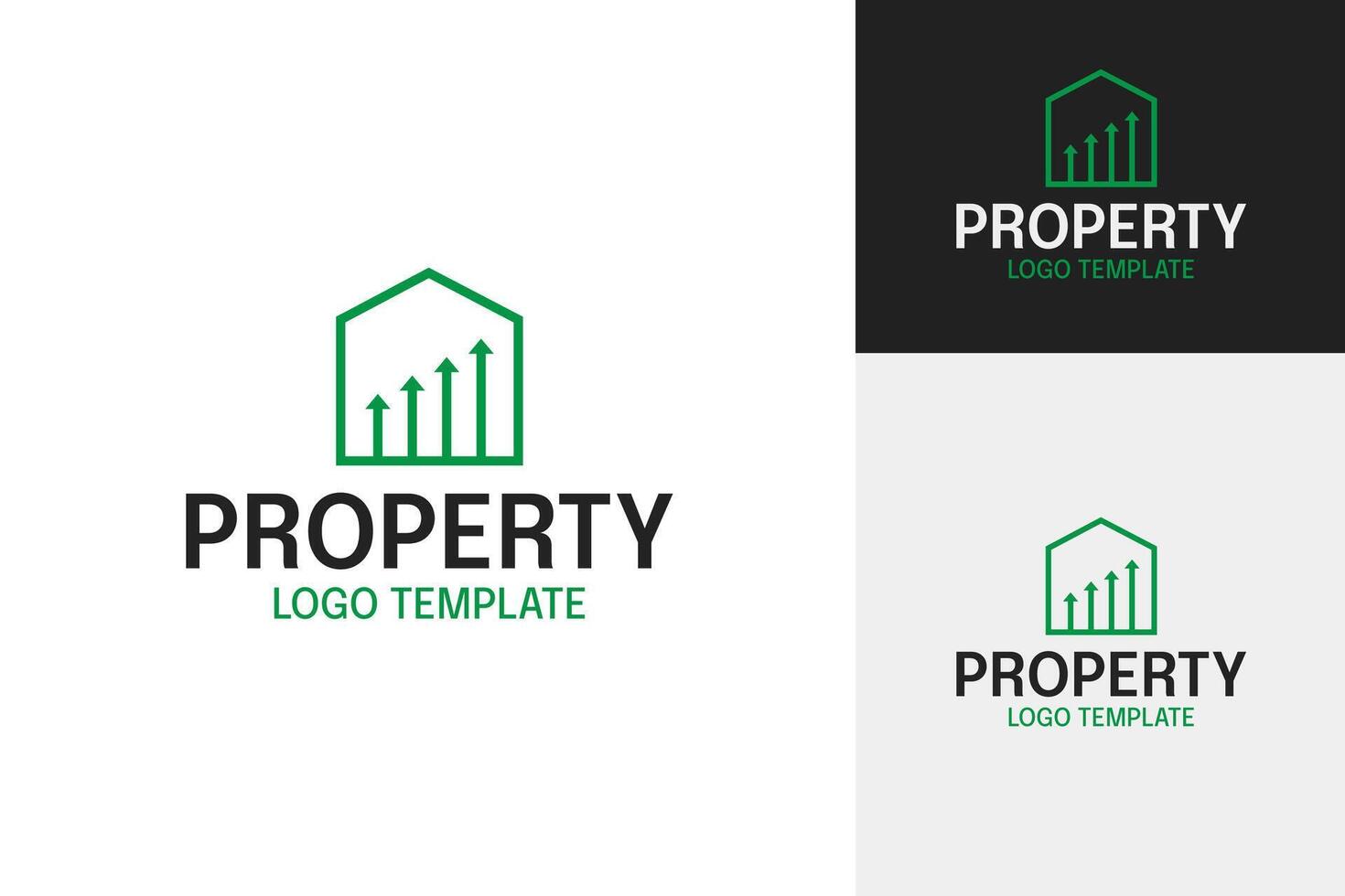 Modern real estate logo design with house roof and growth bar icon vector