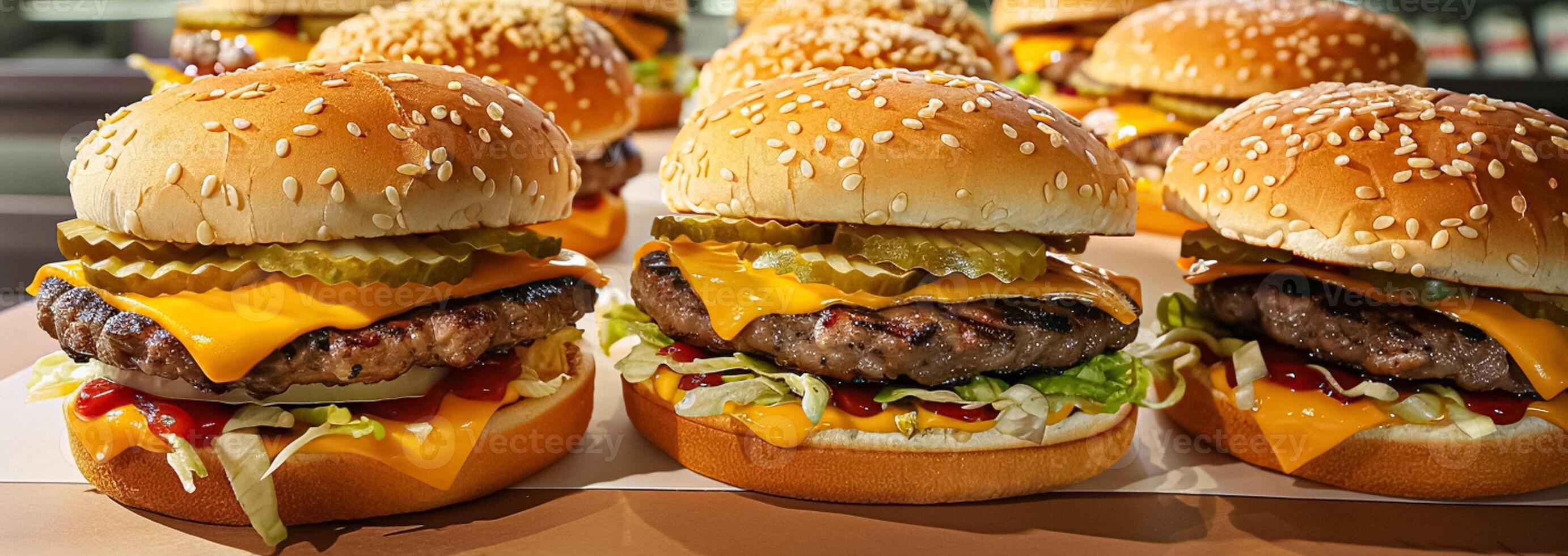 Juicy cheeseburgers with all the fixings, including melted cheese, fresh lettuce, tomatoes, onions, and pickles on sesame seed buns. photo