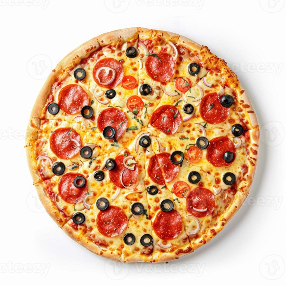 Hot pepperoni pizza with black olives, red onions, and basil, served whole on a pristine white background. photo
