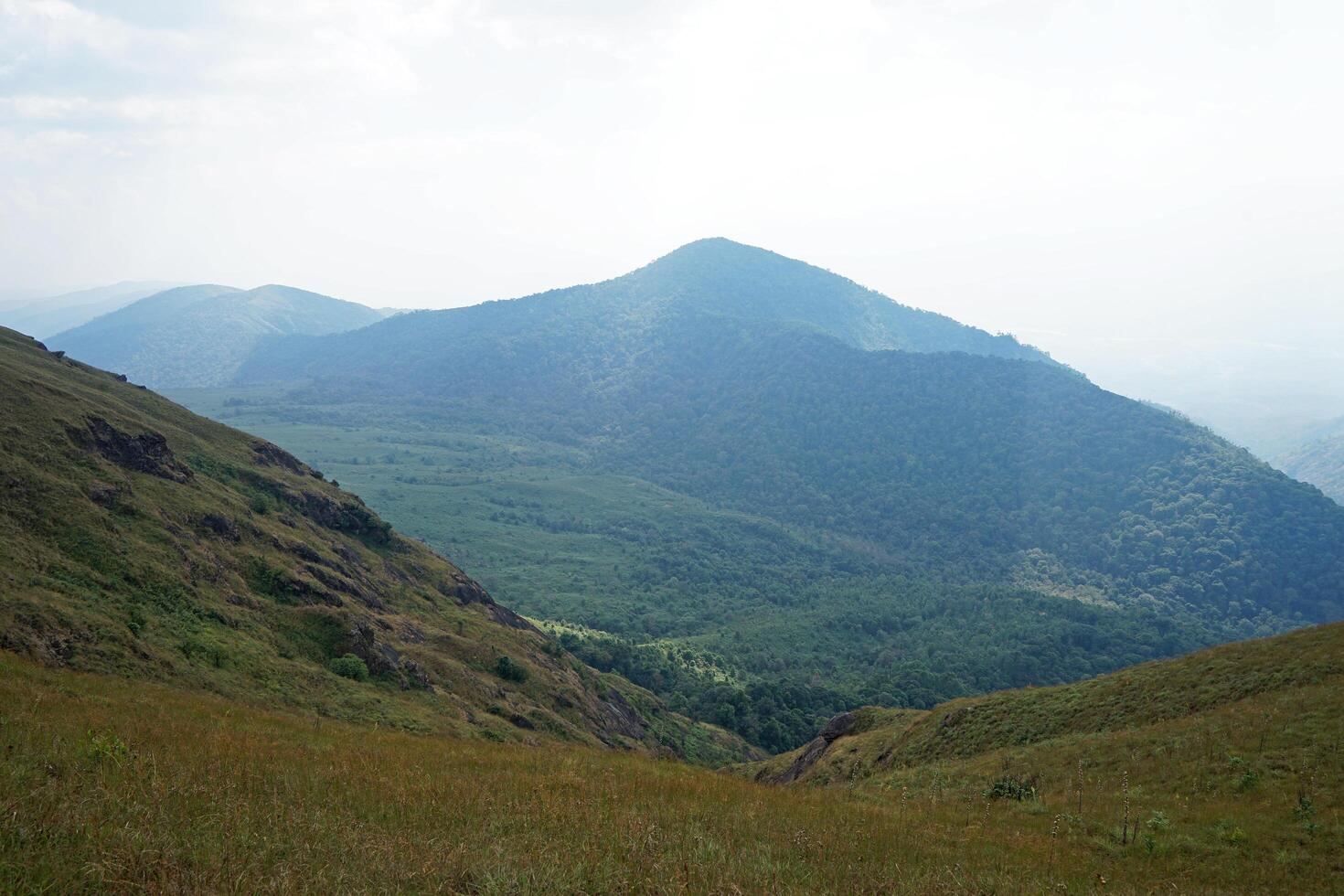 Landscape of natural green hill summit ridge with cloudy white sky photo