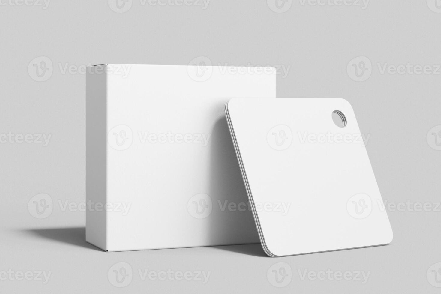 rounded square flash card mockup with packaging box isolated standing 45 degree view 3d render illustration photo