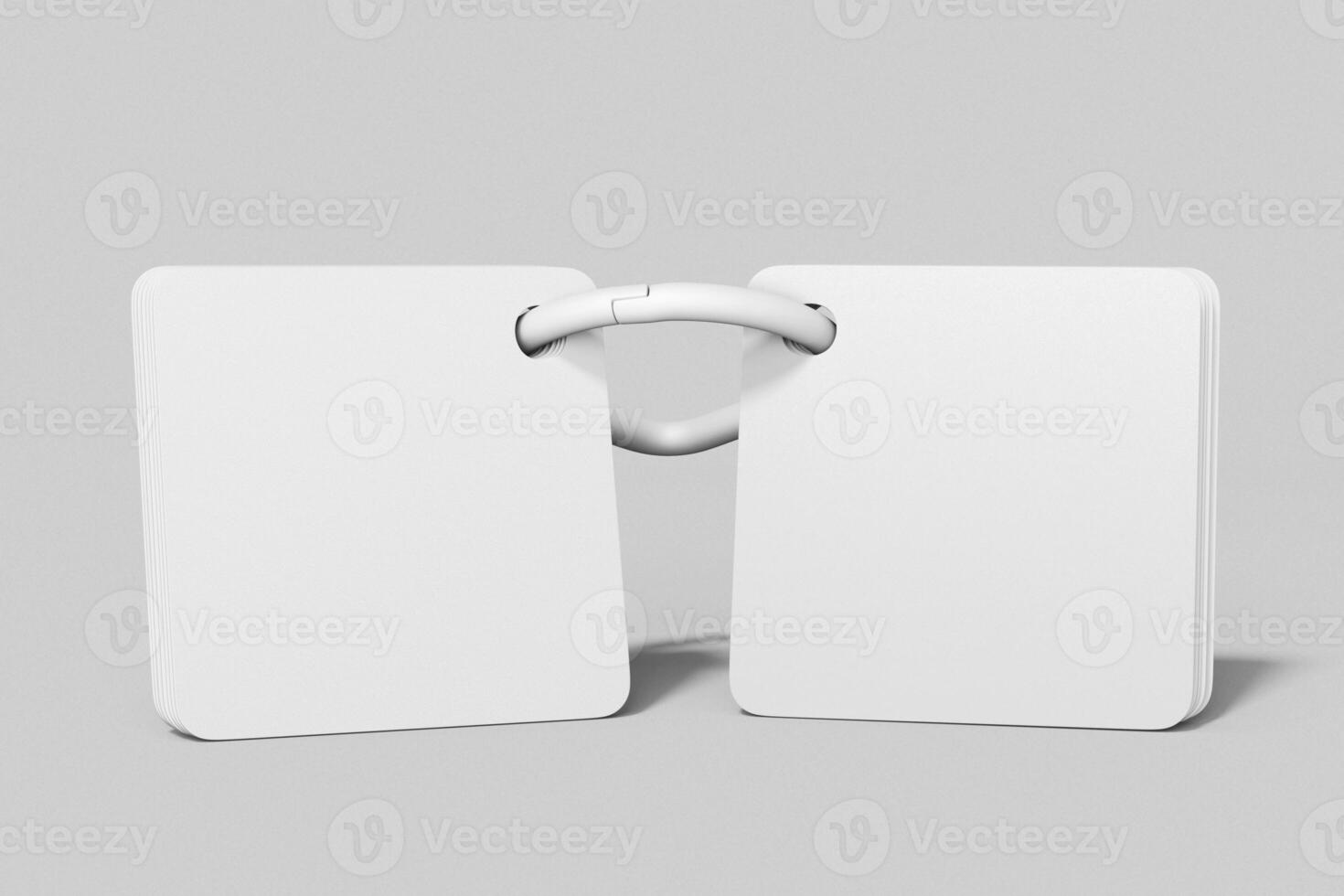 two rounded square flash card mockup template with ring hook isolated standing front view 3d render illustration photo