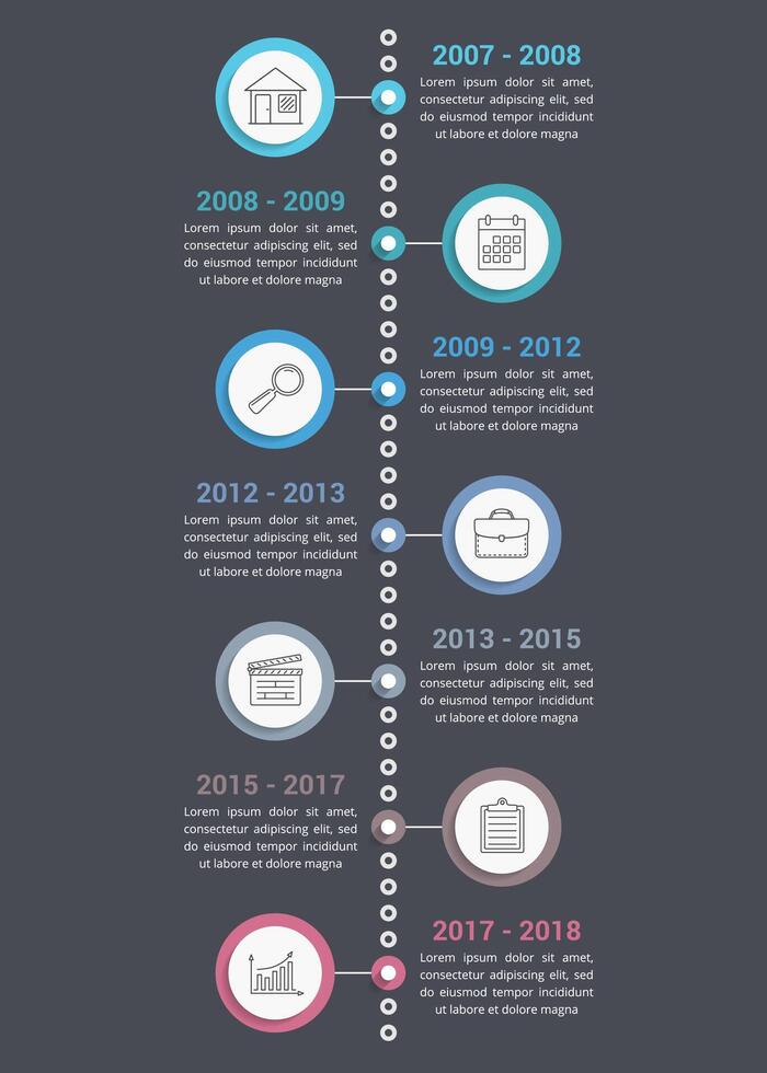 Vertical timeline infographics template with line icons, workflow or process diagram, dark background vector