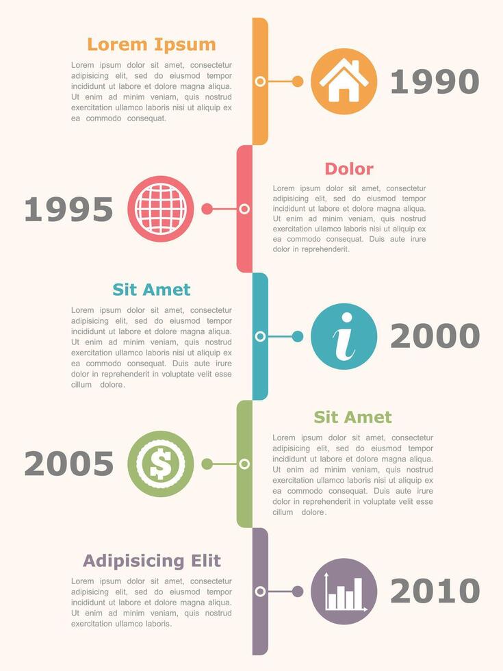 Vertical timeline infographics design template with icons, dates and text vector