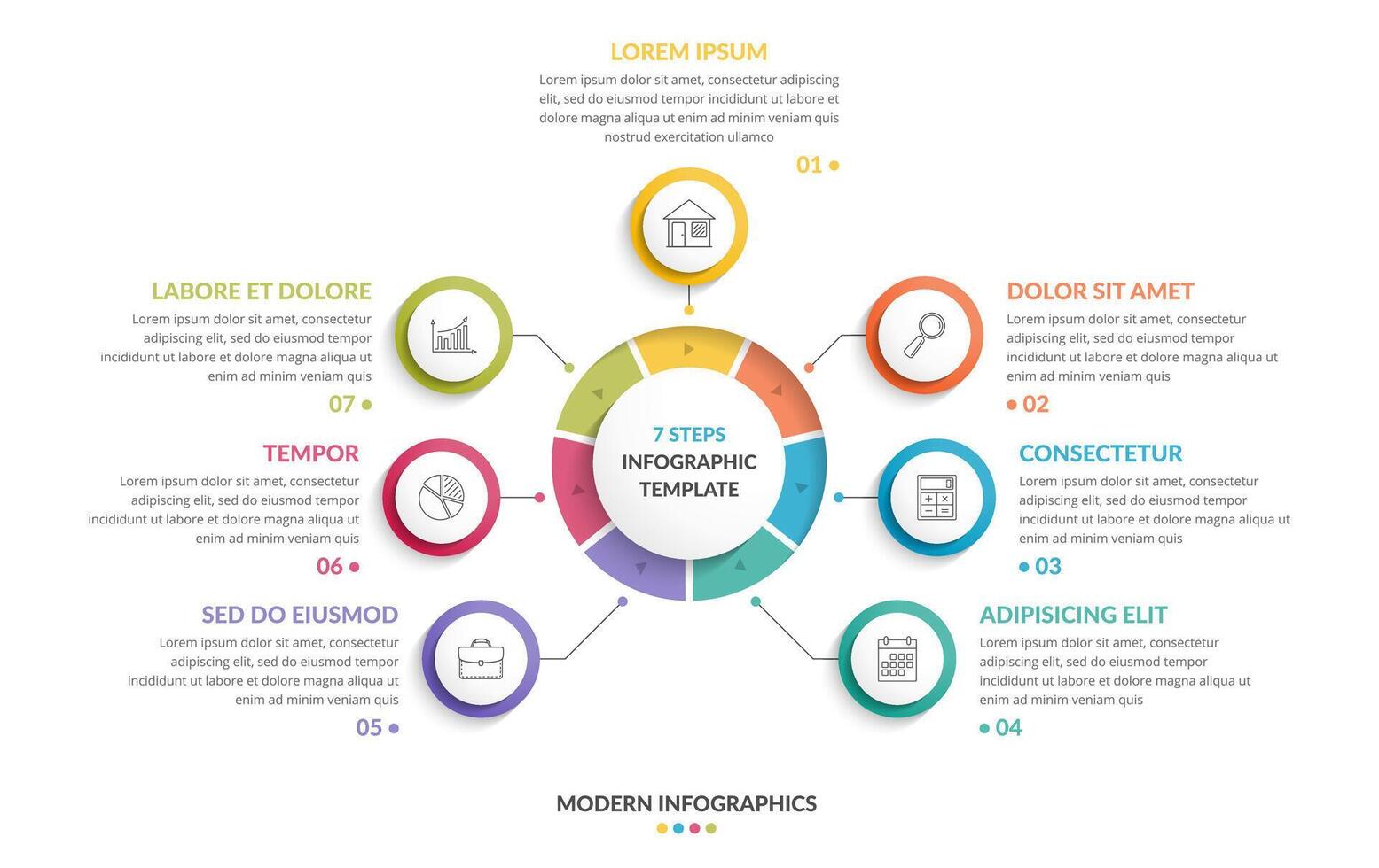 Circle infographic template with seven steps or options, process chart, creative business infographics vector