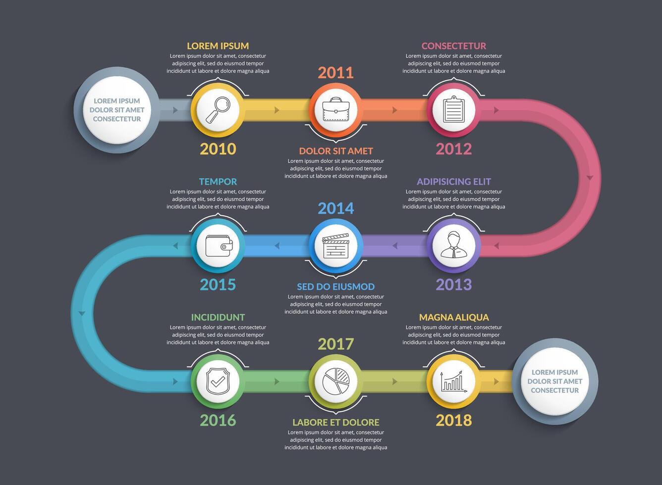 Colorful timeline infographics template with 9 steps, workflow, process, history diagram, dark background vector