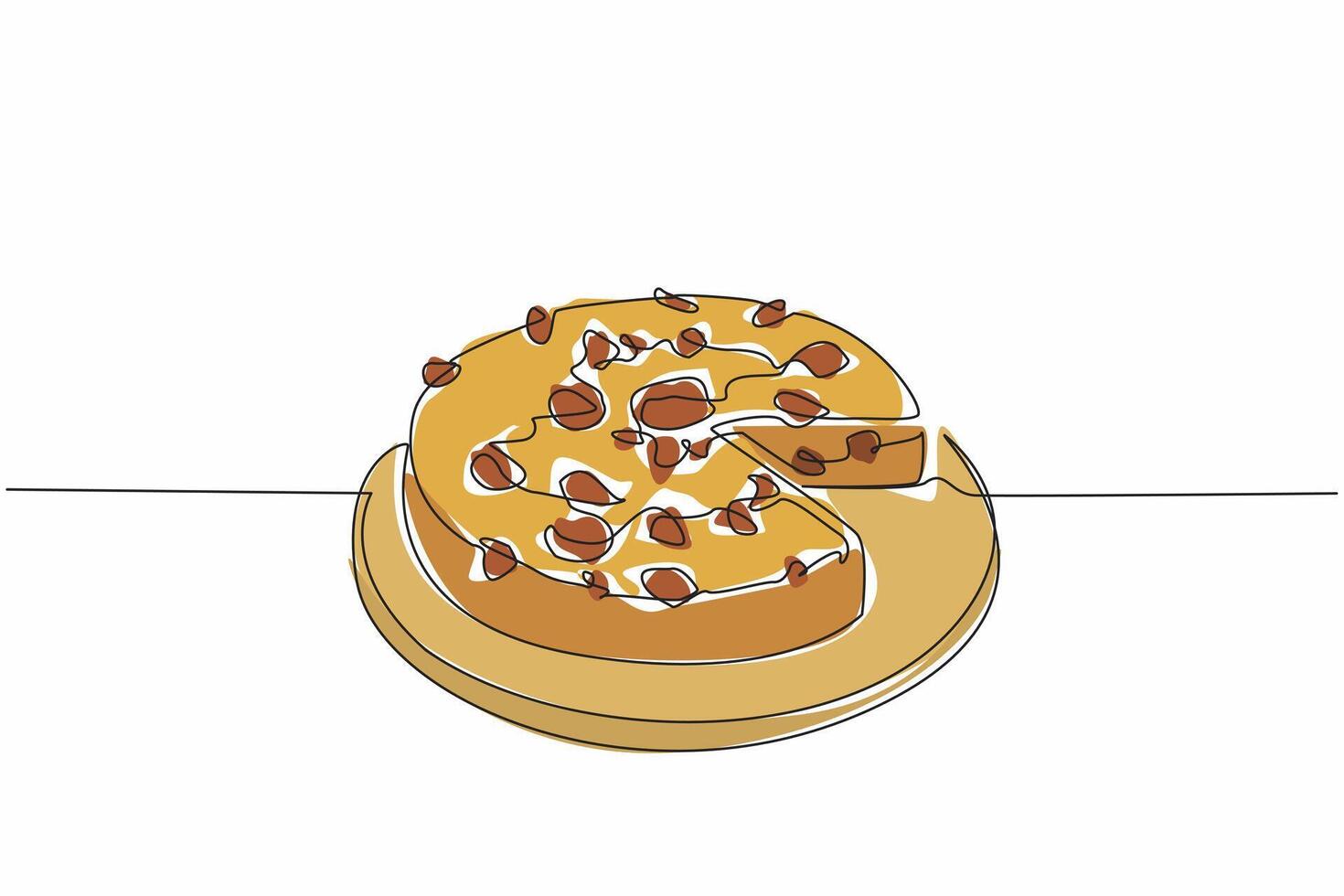 Single continuous line drawing pizza cake with the cut portion on a round wooden tray. Served to share the pleasure. Very filling. International Pizza Cake Day design. One line illustration vector