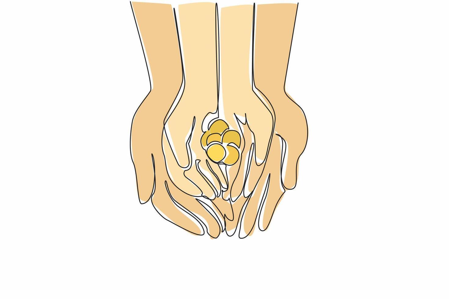 Continuous one line drawing put a coin in the palm of the hand. Financial readiness education is provided from an early age. Learn to save illustration. Coin Week. Single line draw vector
