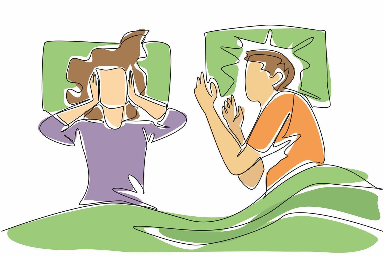 Single continuous line drawing the wife covered both her ears with both her hands. Cannot sleep. Very loud noise disturbance. Tired. Sleepy. Stop Snoring Week illustration. One line design vector