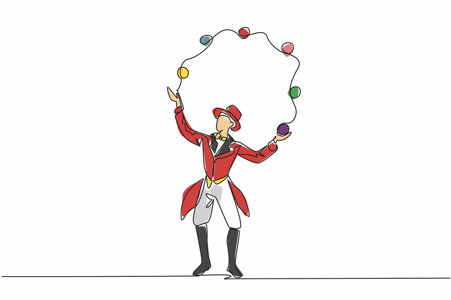 Single one line drawing male juggler juggling balls. Combination of dexterity and concentration. Entertaining show. The expert. International Jugglers Day. Continuous line design graphic illustration vector