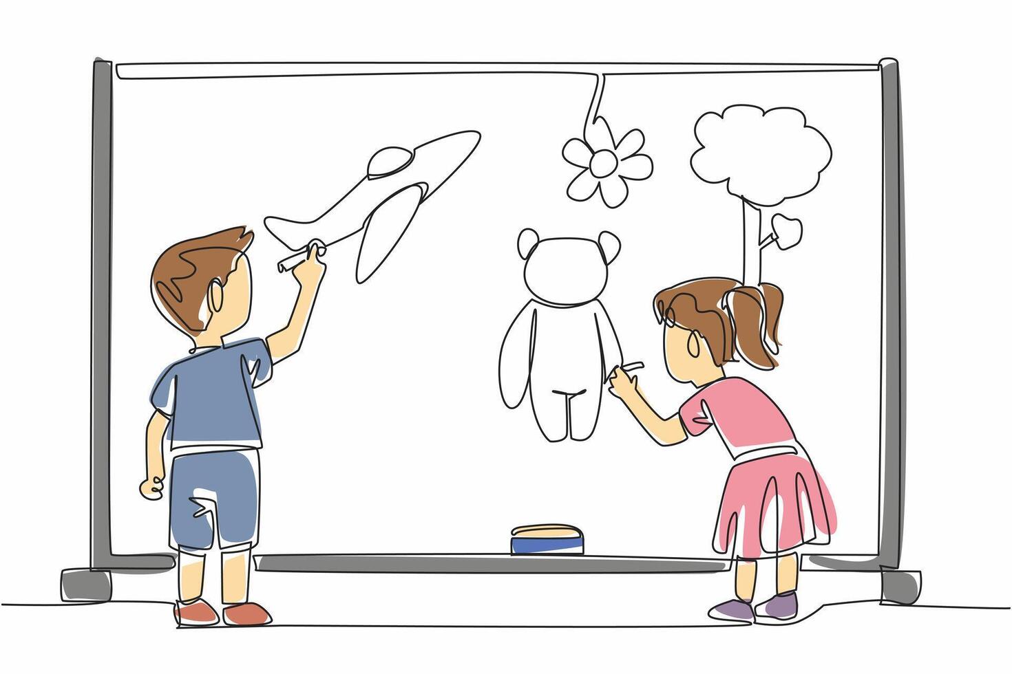 Continuous one line drawing a boy and a girl draw objects on a small blackboard. Developing creativity of children. Golden age. National Kindergarten Day illustration. Single line draw vector