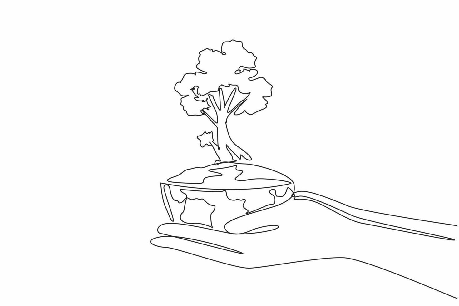 Single continuous line drawing hand holding a half-shaped globe. Symbolism. The big tree is half of the life of the earth. The earth must remain green. Earth Day design. One line illustration vector