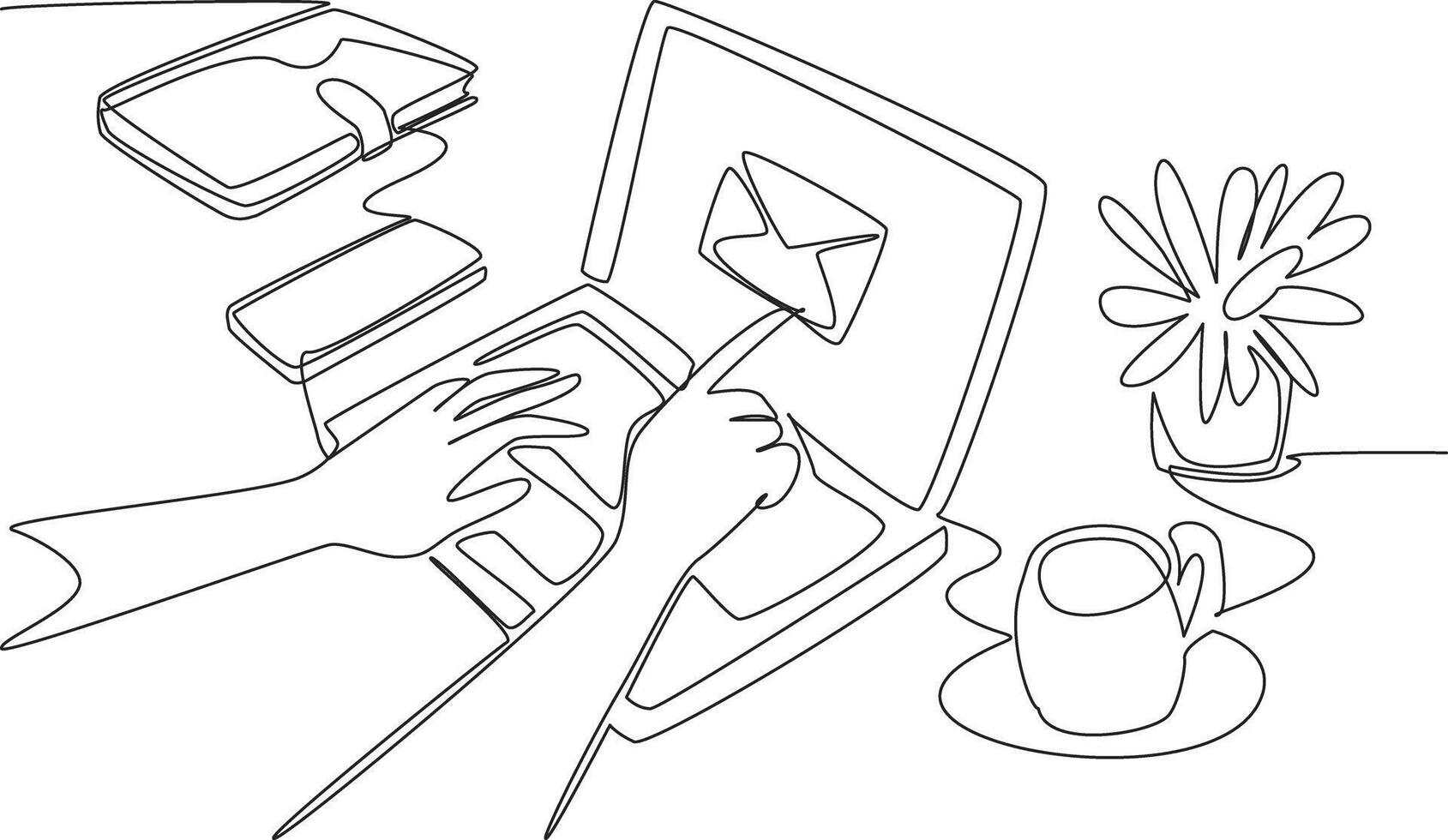 Single continuous line drawing hands typing on laptop. Laptop with touch screen. Open emails just by touching the screen. Technology advances. National Email Day design. One line illustration vector