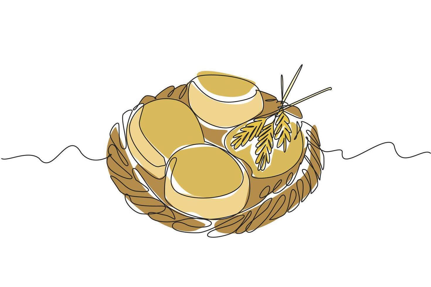 Single one line drawing 4 pcs English muffins on a rattan woven plate. Simple presentation with luxurious taste. Delicious. National English Muffin Day illustration graphic. Continuous line design vector