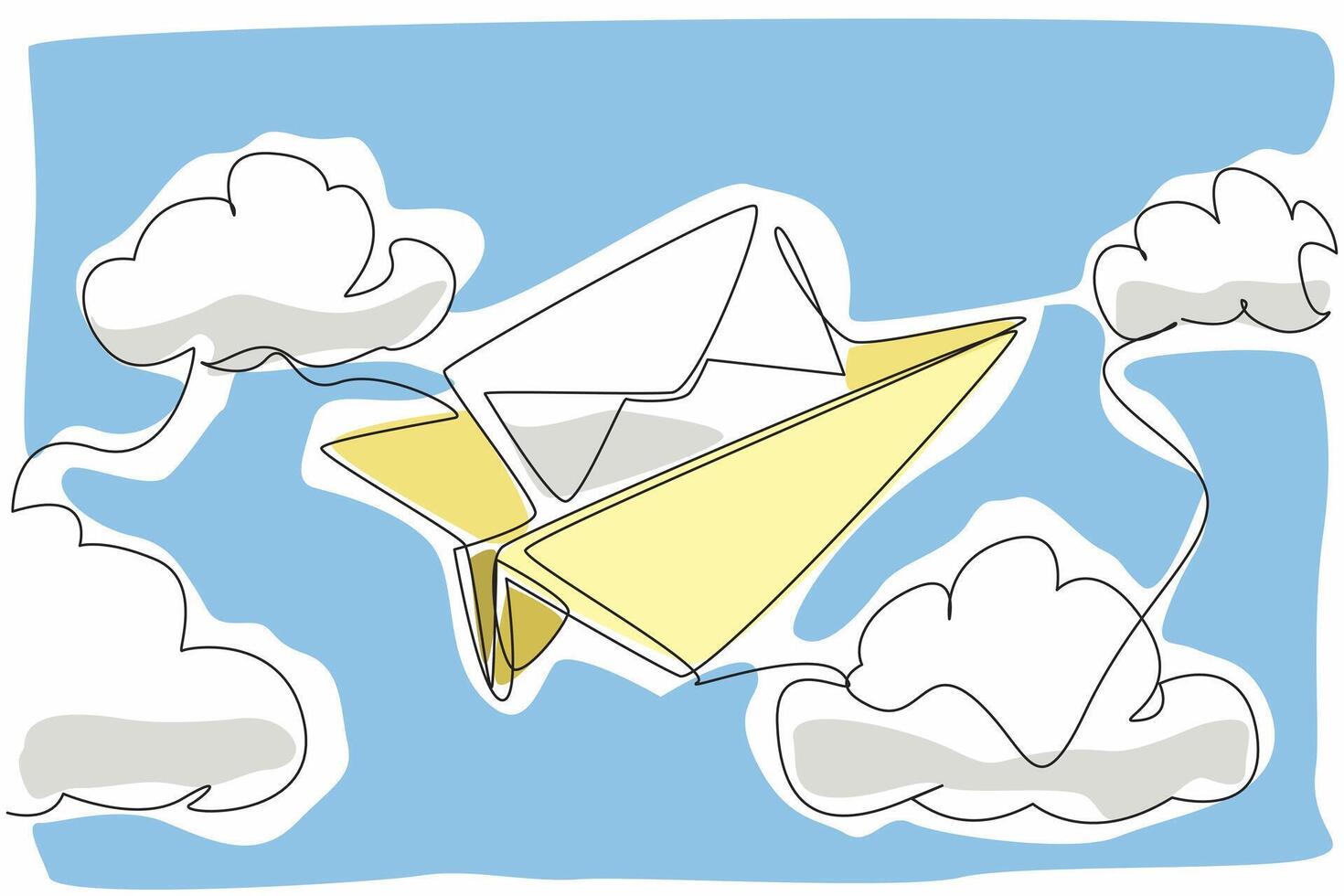 Single one line drawing paper airplane flying while carrying envelope. Visualization of sending an email. Faster than sending a letter. National Email Day design graphic. Continuous line illustration vector