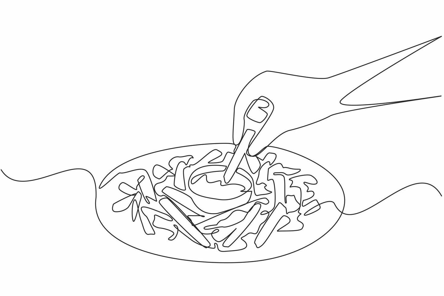 Single continuous line drawing hand dipping french fries into a small bowl of cheese sauce. Perfect combination. Double pleasure. Tasty. National Cheddar Fries Day. One line design illustration vector