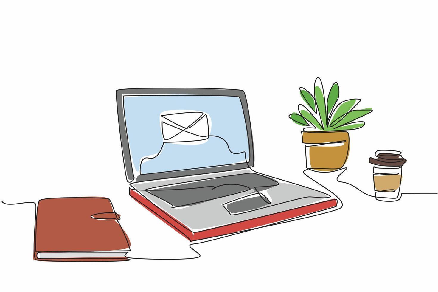 Single continuous line drawing laptop on the desk showing a picture of a large envelope. Important email notifications enabled. Technology illustration. National Email Day. One line design vector