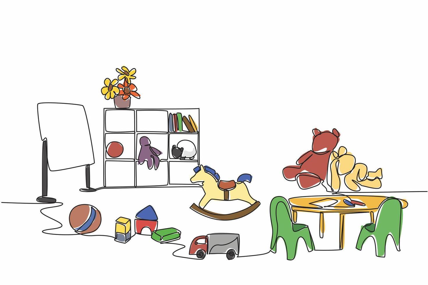 Single continuous line drawing kindergarten classroom. Equipped with various learning needs for children. Sharpen the intelligence. National Kindergarten Day illustration. One line design vector