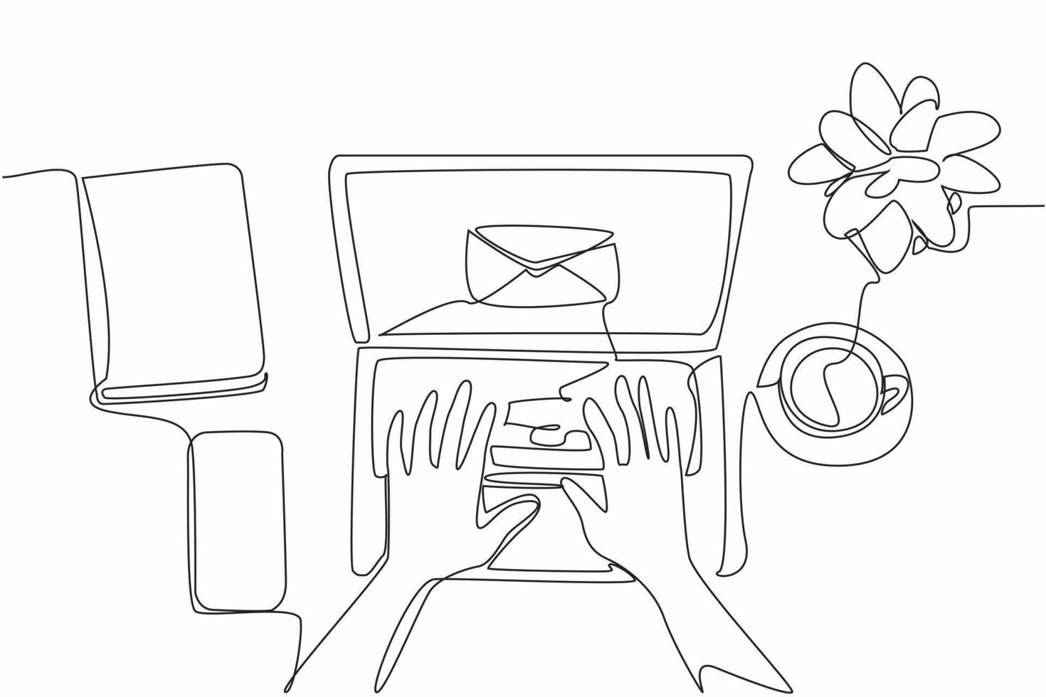 Continuous one line drawing hands typing on laptop. Email notification received. Received best price offer. Ease of using technology. National Email Day illustration. Single line draw design vector