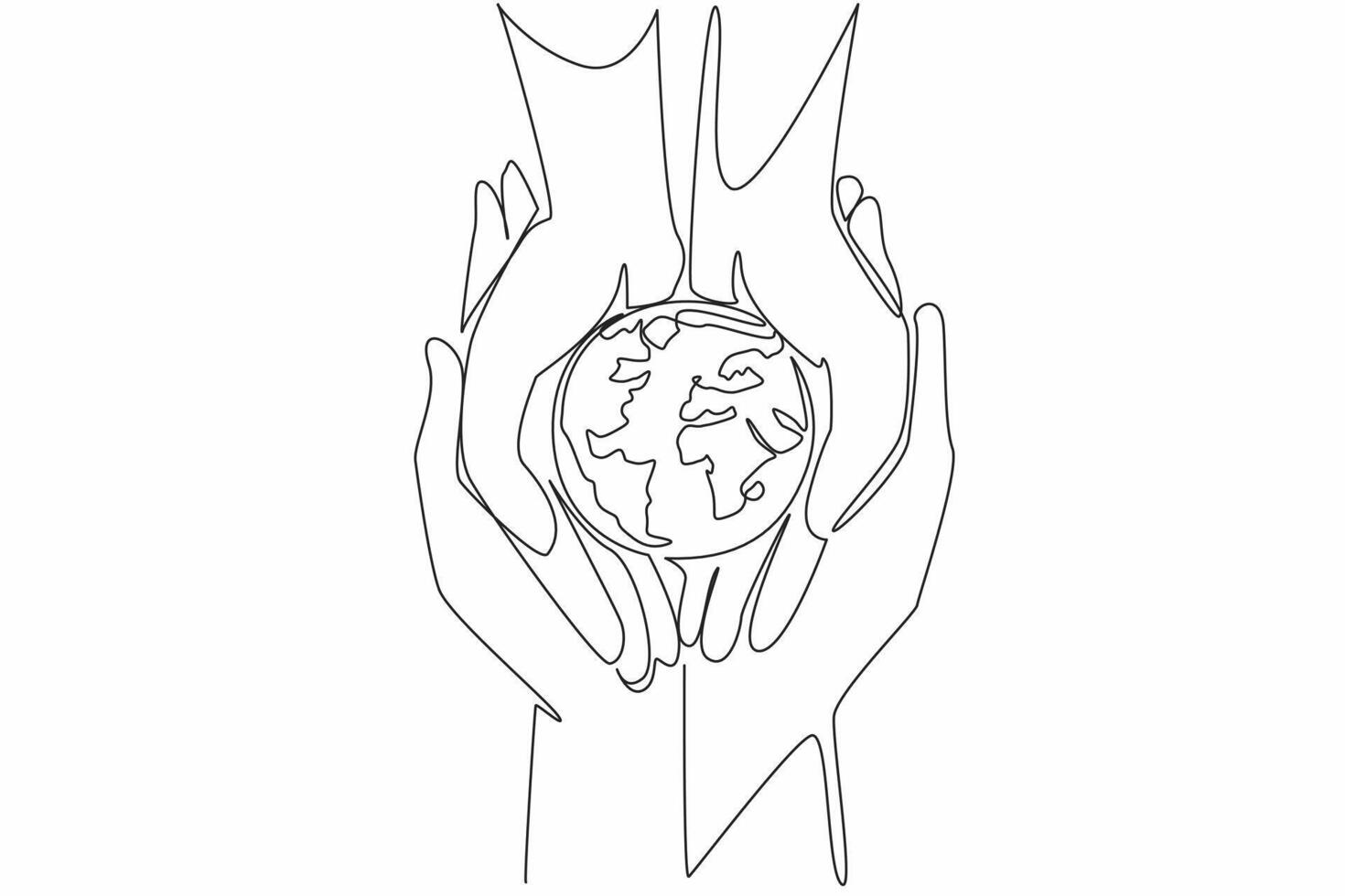 Continuous one line drawing two human hands holding a globe. Teaching children to care for the earth. Cultivating sensitivity. Environmental design. Earth Day illustration. Single line draw vector