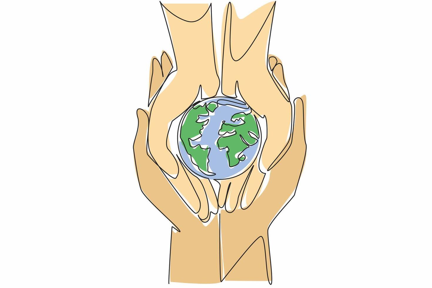 Continuous one line drawing two human hands holding a globe. Teaching children to care for the earth. Cultivating sensitivity. Environmental. Earth Day illustration. Single line draw design vector