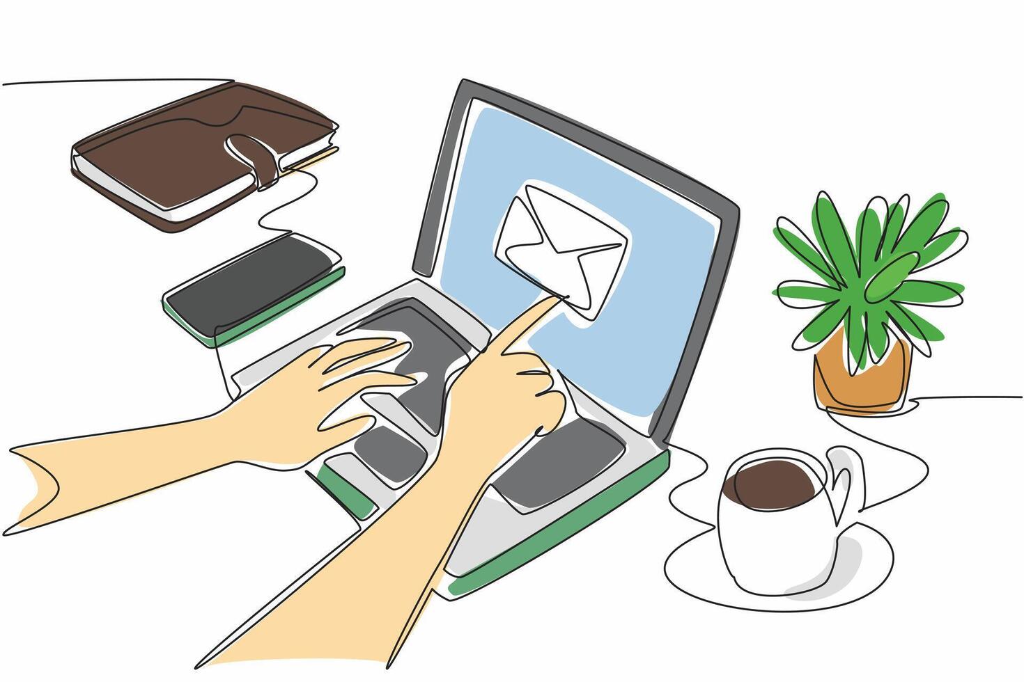 Single continuous line drawing hands typing on laptop. Laptop with touch screen. Open emails just by touching the screen. Technology advances. National Email Day design. One line draw illustration vector