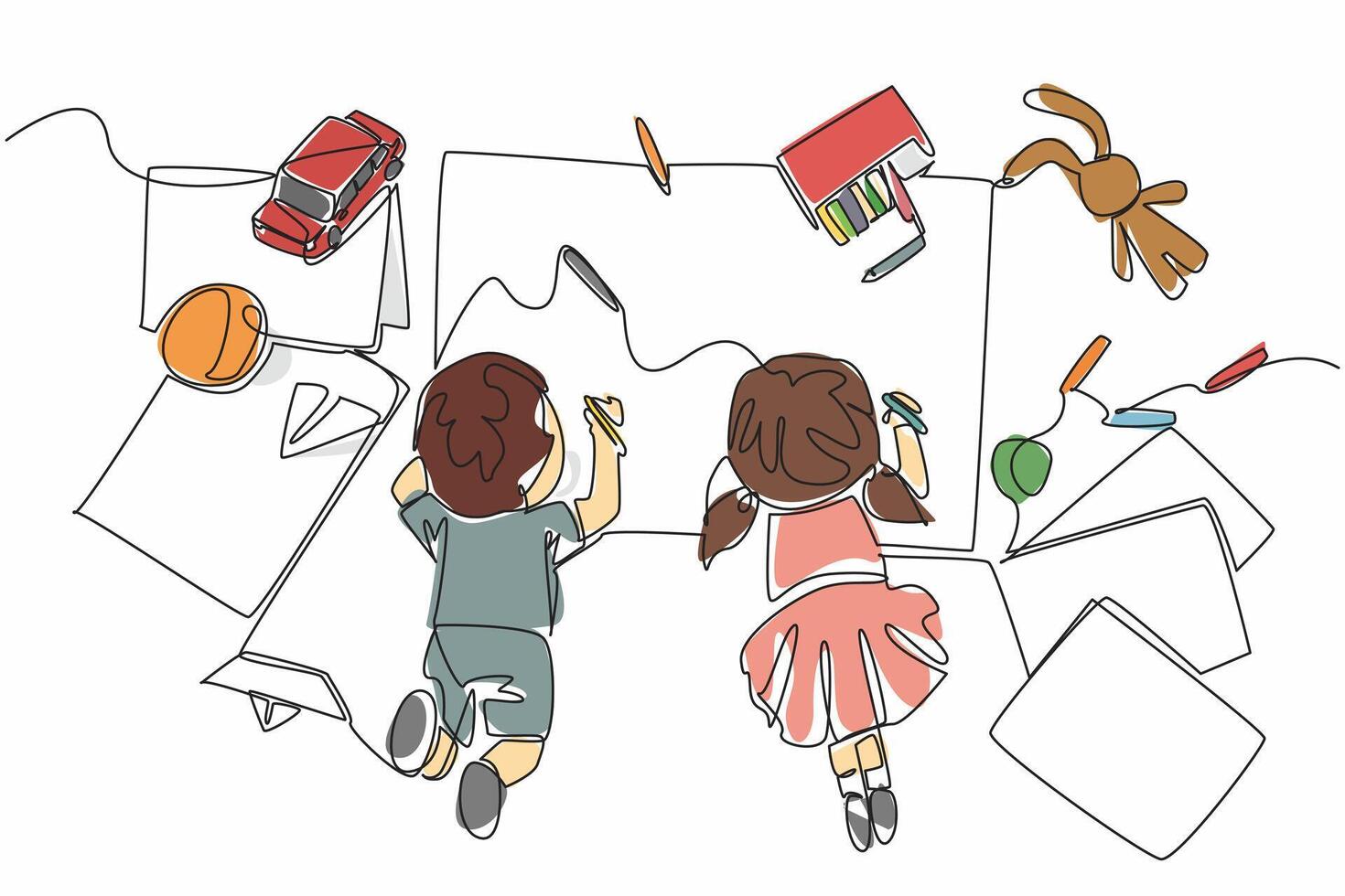 Single continuous line drawing boy and girl are lying face down and both are drawing on large paper. Activities to enhance imagination design. National Kindergarten Day. One line illustration vector
