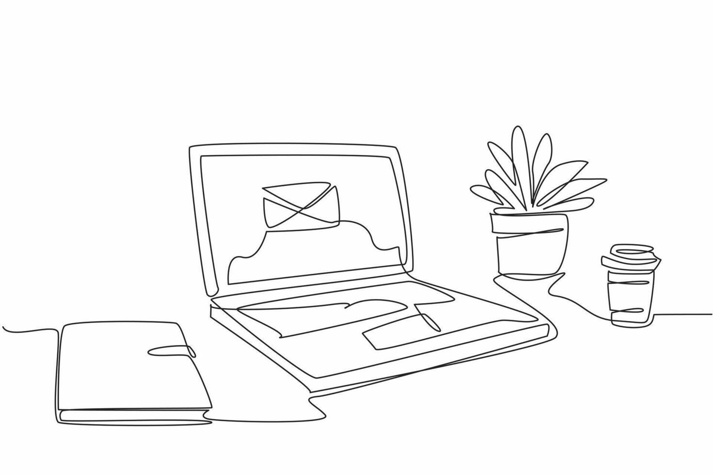 Single continuous line drawing laptop on the desk showing a picture of a large envelope. Important email notifications enabled. Technology. National Email Day design. One line illustration vector