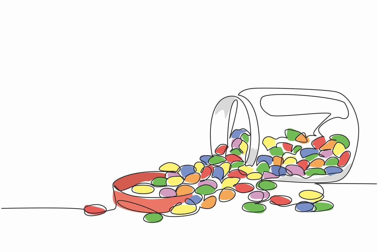 Single continuous line drawing colorful jelly beans placed in a glass jar that fell. Snack that children fight over. Addictive sweet taste. National Jelly Bean Day design. One line illustration vector