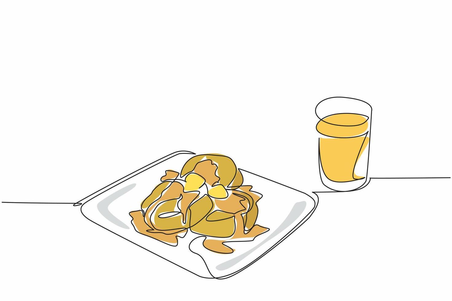 Single one line drawing 3 pcs English muffins with topping of butter chunks covered in honey. Spend weekend with sweet snacks. National English Muffin Day graphic illustration. Continuous line design vector