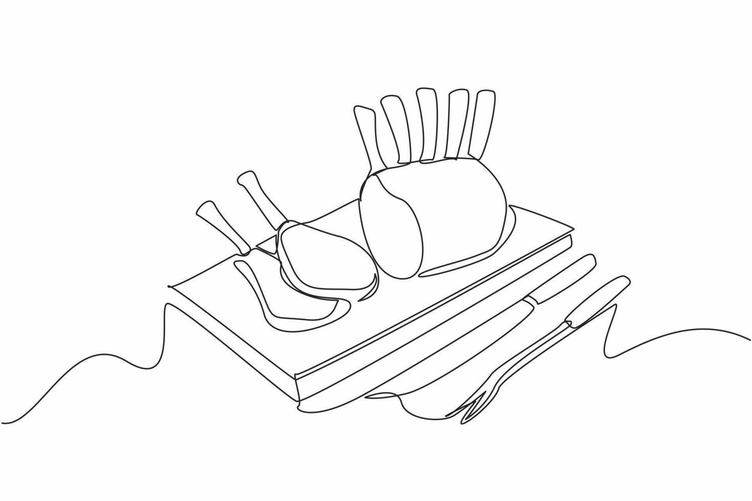 Continuous one line drawing prime rib with bones and 2 small slices on square wooden tray. Juicy meat near the bone. Very delicious. National Prime Rib Day illustration. Single line draw design vector