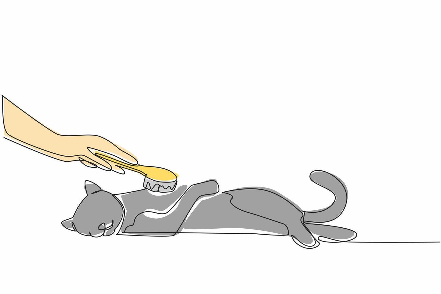 Single one line drawing hand combing a sleeping cat with an animal comb. Simple care that requires patience. Concern. National Hairball Awareness Day design graphic. Continuous line illustration vector