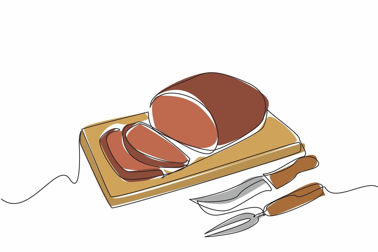 Single one line drawing boneless prime rib cut into 2 small slices. The presentation method of chef makes it easier for consumers. National Prime Rib Day. Continuous line illustration design graphic vector