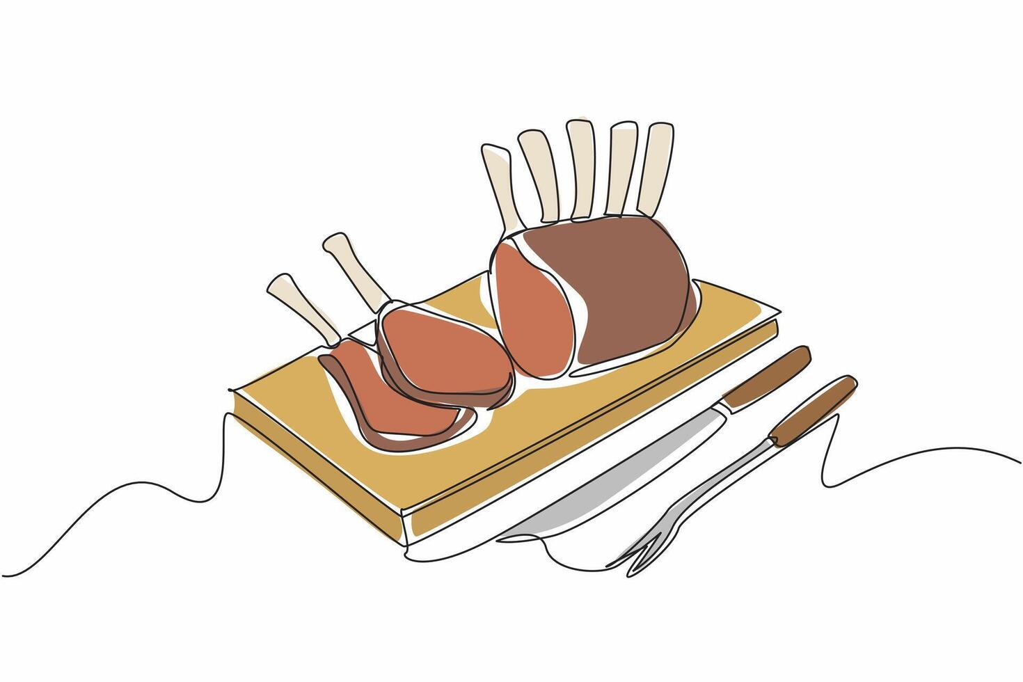 Continuous one line drawing prime rib with bones and 2 small slices on square wooden tray. Juicy meat near the bone. Very delicious. National Prime Rib Day. Single line draw illustration design vector