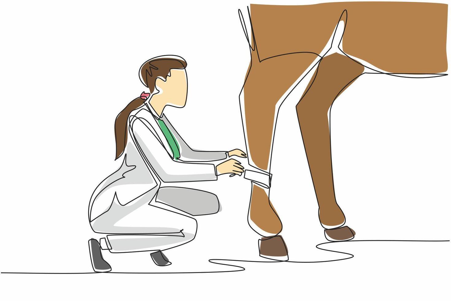 Single continuous line drawing a leg of horse is being bandaged by crouching female veterinarian. Done carefully. Fear of going berserk. National Help A Horse Day illustration. One line design vector