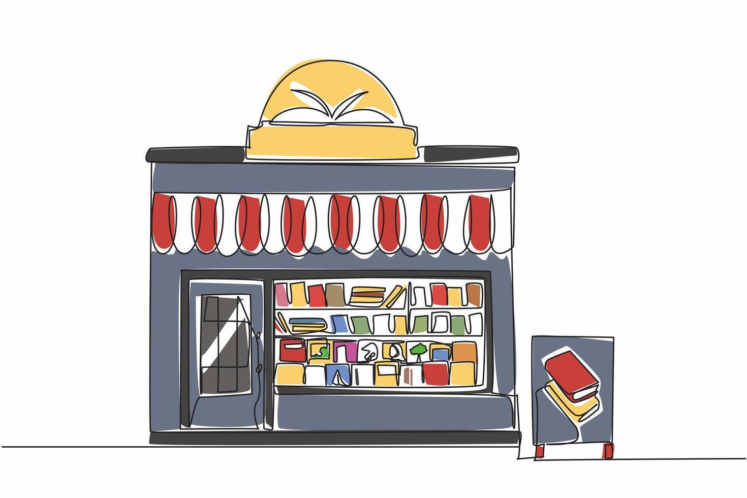 Continuous one line drawing small bookstore seen from outside. Newly started independent business. Influencing reading interest. Independent Bookstore Day. Single line draw illustration design vector