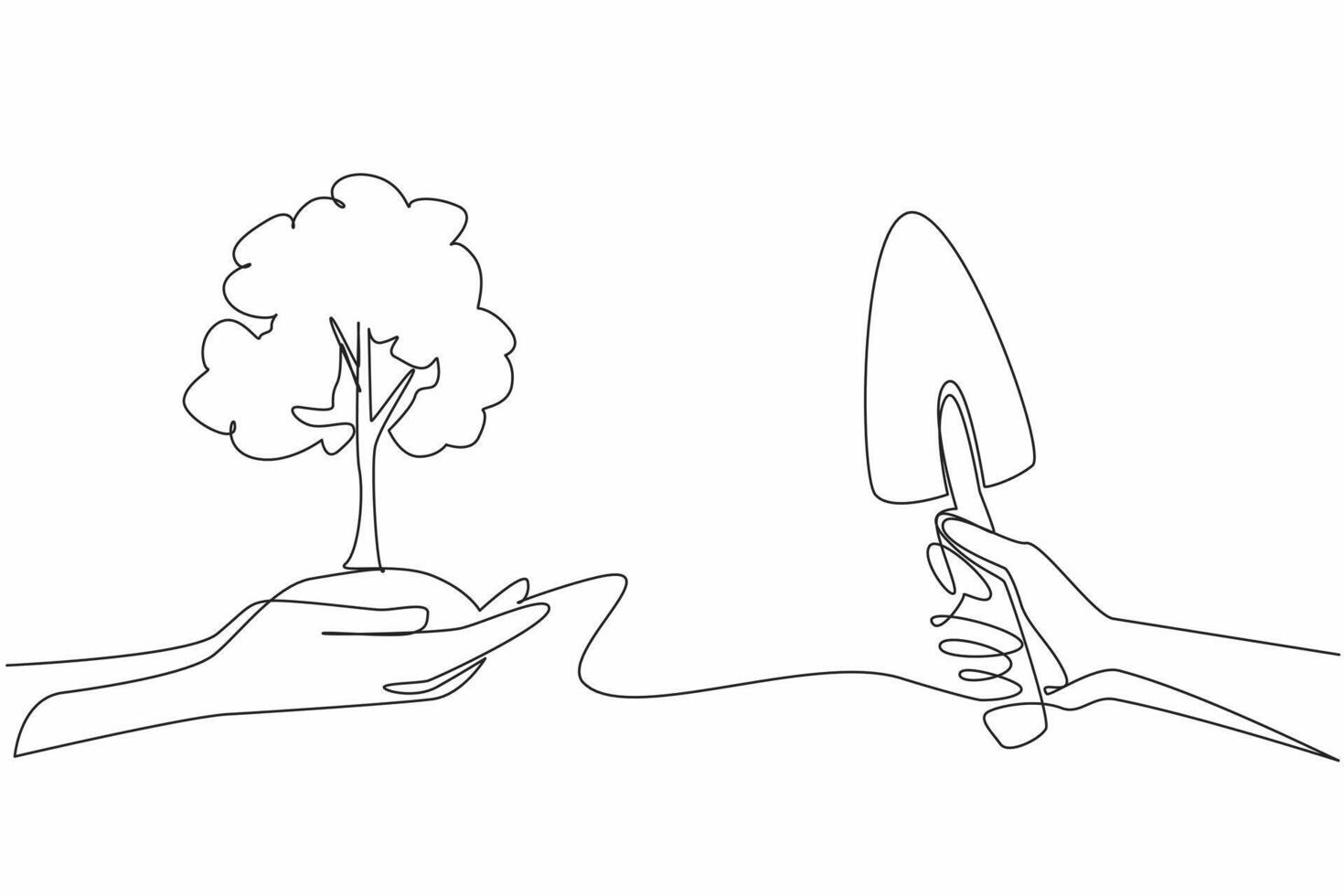 Single continuous line drawing hand holding tree with mound of soil and shovel. Planting dense trees is very good for earth. Reduce pollution. National Arbor Day design. One line illustration vector