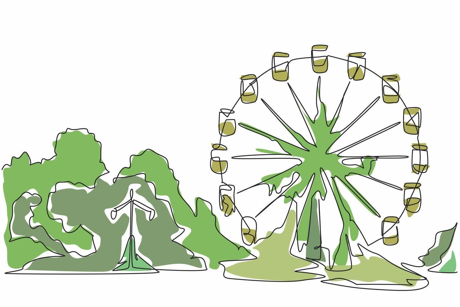 Continuous one line drawing broken and neglected ferris wheel in the amusement park. A place without civilization. International Chernobyl Remembrance Day design illustration. Single line vector