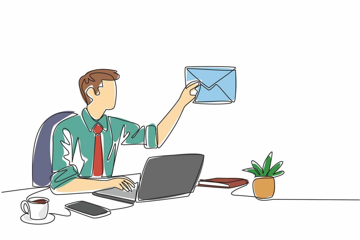 Single one line drawing a businessman sitting at his desk typing on his laptop. Provide offers to top clients via email. Convenience. National Email Day illustration. Continuous line vector