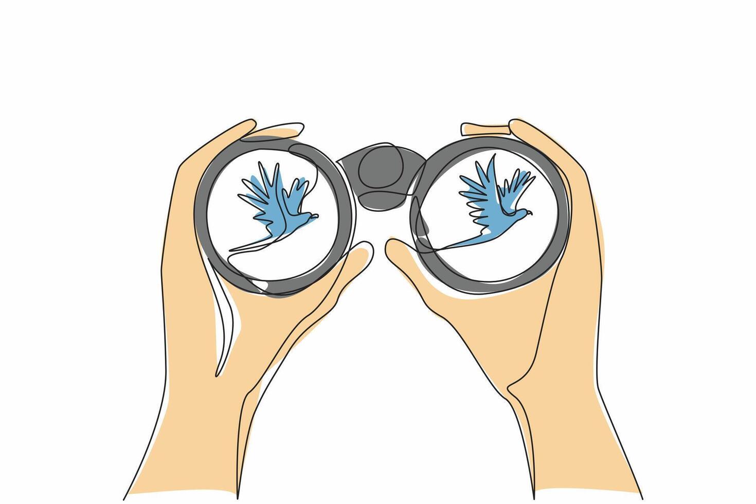 Single one line drawing two hands holding binoculars watching flying birds. Observing animal behavior in the wild. Discovery. National Go Birding Day. Continuous line illustration design graphic vector