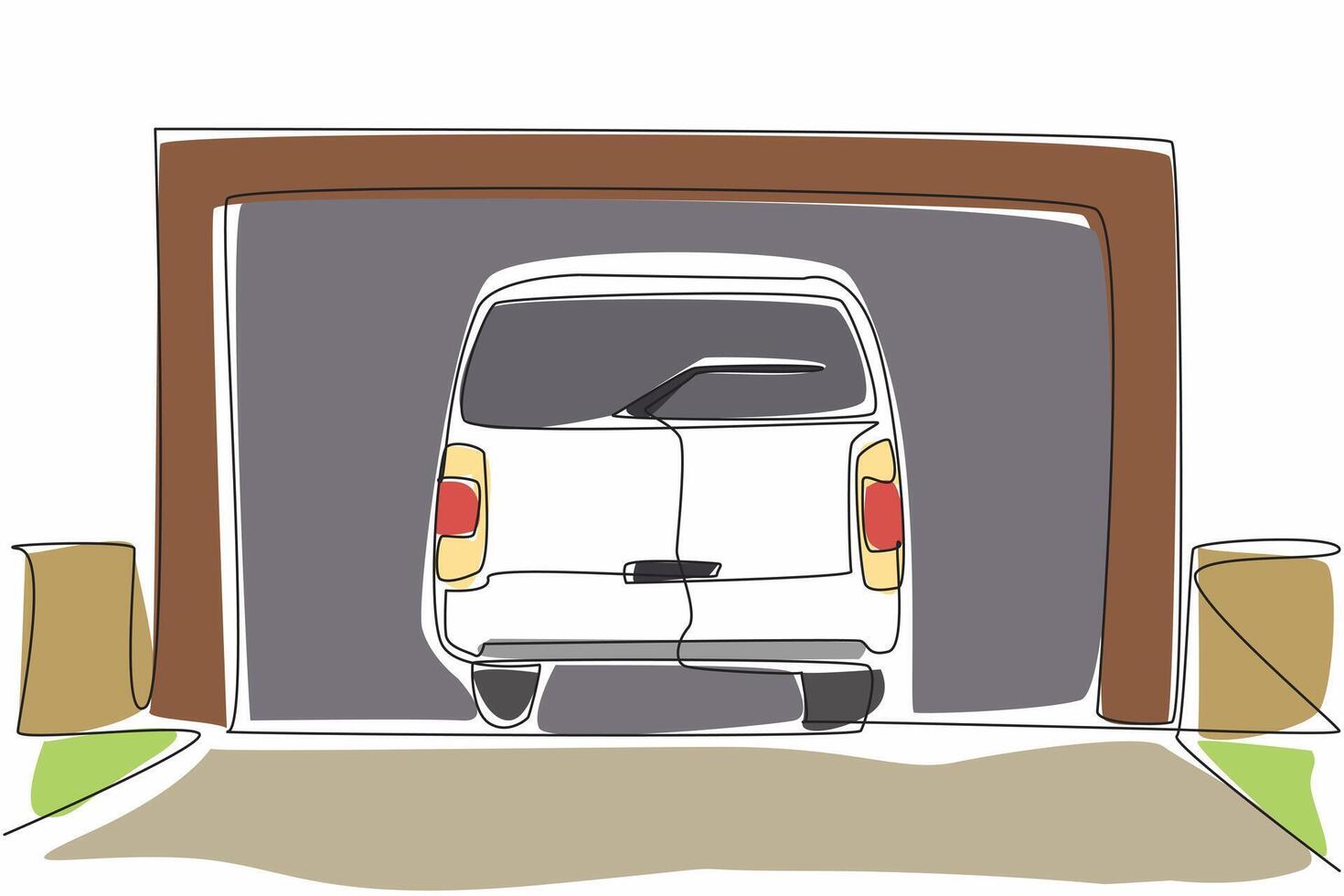 Single continuous line drawing car garage seen from the front and car seen from the back. The car will be parked from the front of the car. National Garage Day design. One line illustration vector