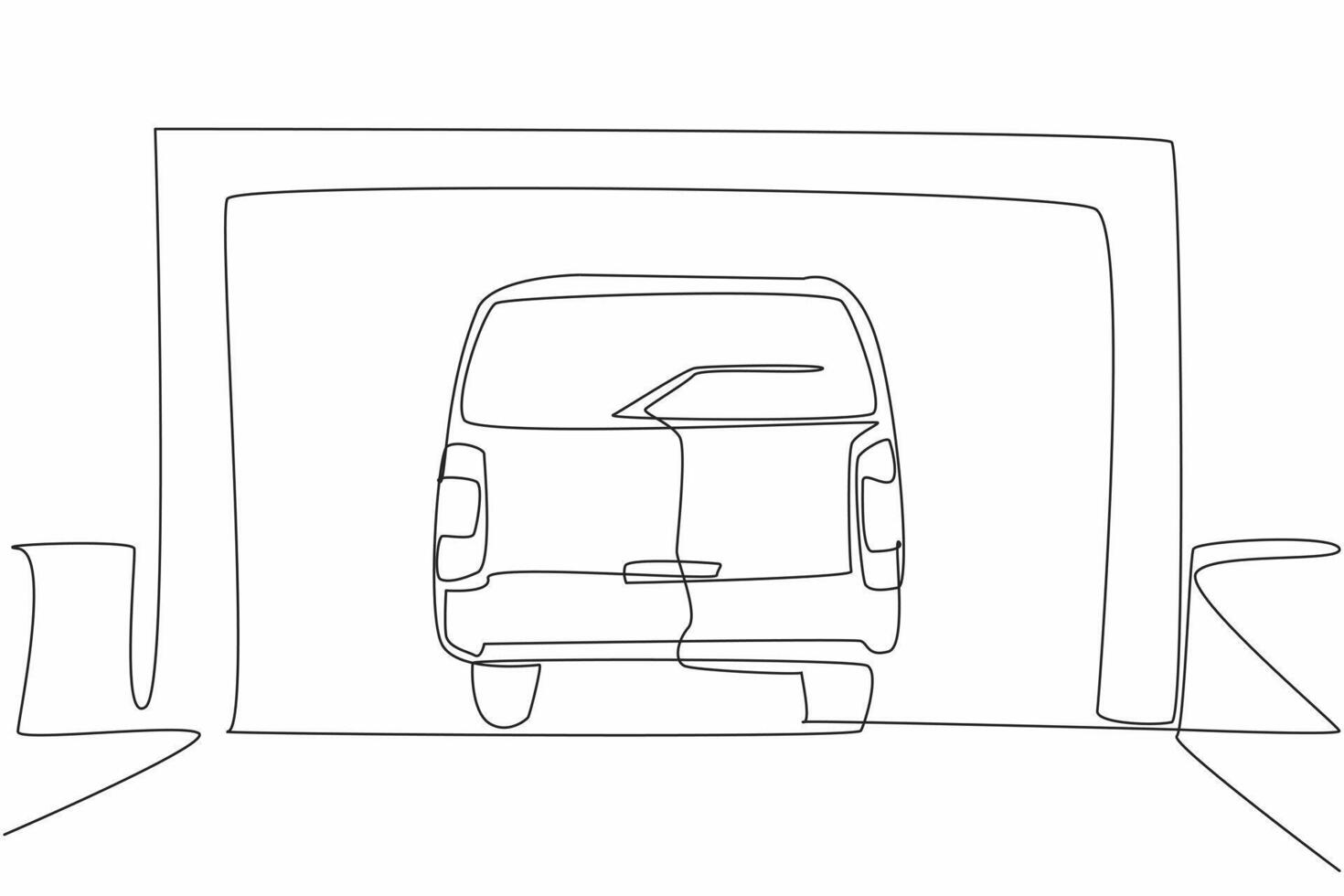 Single continuous line drawing car garage seen from the front and car seen from the back. The car will be parked from the front of the car. National Garage Day illustration. One line design vector