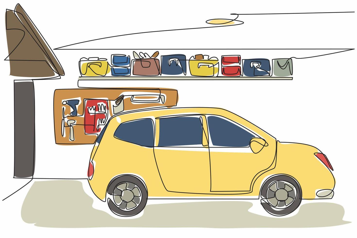 Single continuous line drawing the interior of the car garage and workshop equipment are attached to the wall. Owner preparedness. Organized. National Garage Day. One line illustration design vector